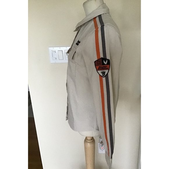 Harry Davidson Women’s Tan Striped Button Down Shirt Size Medium - Picture 2 of 5